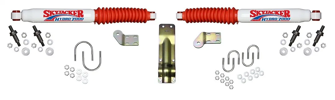 7254 – SKYJACKER Steering Stabilizer, Dual White With Red Shock Boots With Brackets Set Of 2